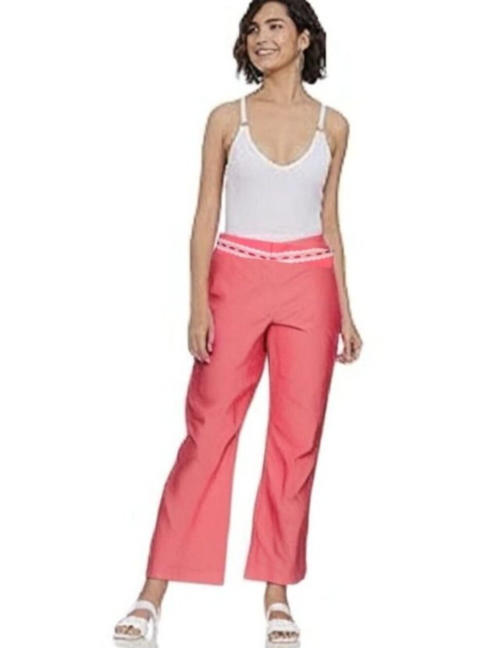 BEBE Women's Lace Detailed Waistband Crop Ankle Pants In Rhubarb Size 4 - Picture 13 of 13